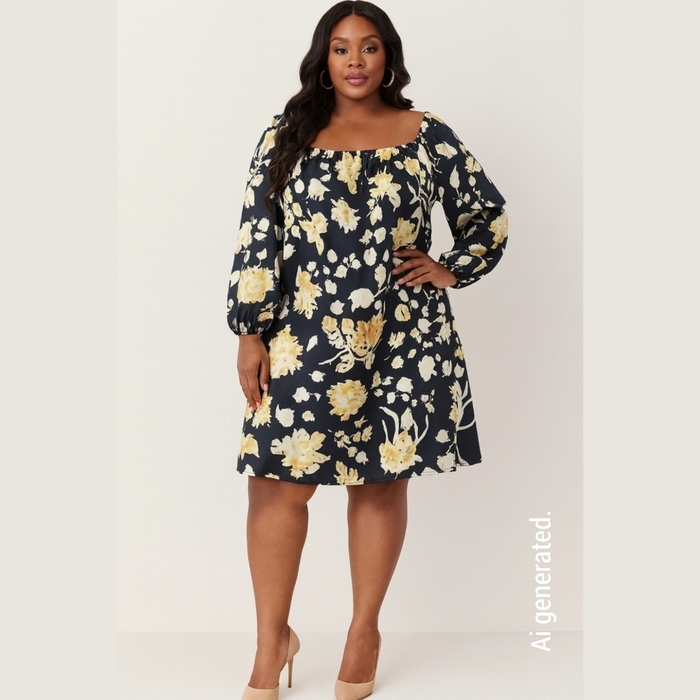 STUDIO M Floral Black With Beige Gold Dress, Balloon Sleeve, Loose Fit